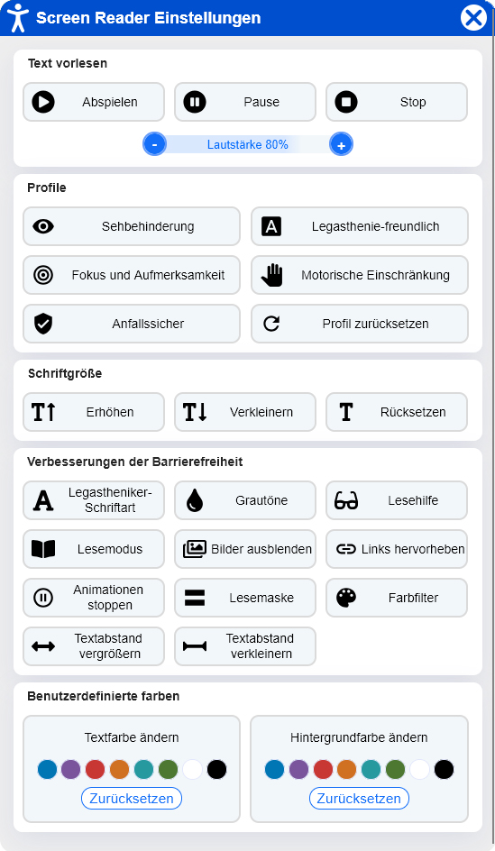 Übersicht der Menüleiste mit Einstellungsoptionen für Vorlesefunktion, Schriftgröße, Kontrast und Lesemodi